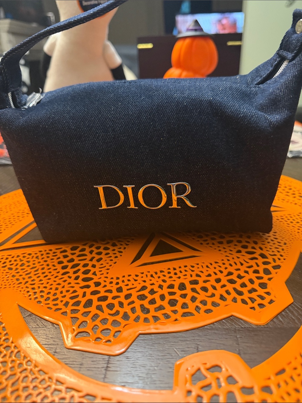 Dior Blue Denim Canvas Cosmetic Pouch with Gold Logo